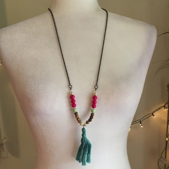 Boho Long Turquoise Tassel Beaded Necklace - Picture 3 of 5